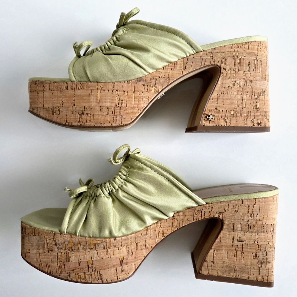 Sam Edelman Cork Platform Slip-On Sandals, Green Satin & Cork, EUC Size 9 - Picture 9 of 16
